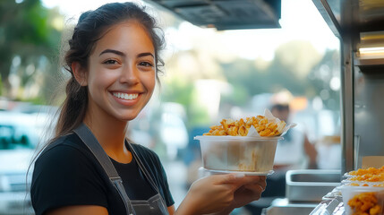 Smiling woman holding a bowl of delicious food from a food stand.