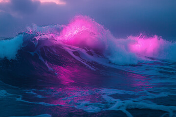 Wall Mural - a wave in the ocean is illuminated by a pink and blue neon light