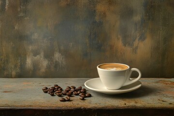 Wall Mural - Latte art in white cup with coffee beans on rustic surface.