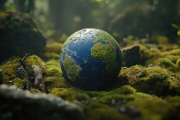 Earth globe resting on mossy forest floor. (1)