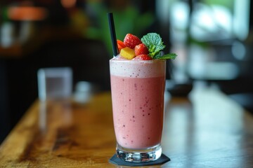 Wall Mural - Refreshing strawberry mango smoothie in a tall glass with mint garnish on wooden table.