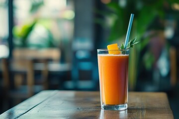 Wall Mural - Refreshing orange juice in a glass on a wooden table.