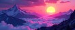 © Janmo - Futuristic mountains with a glowing sunrise and a misty valley, futuristic, vaporwave, retro futurism