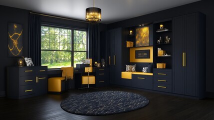 Elegant Black and Gold Home Office Design with Built-in Storage