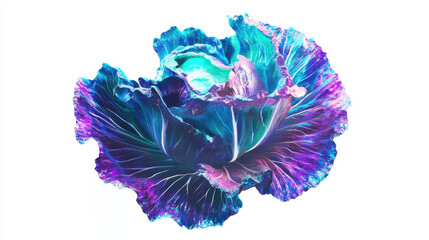 a futuristic digital artwork of a cabbage slice, neon purple and blue tones with iridescent effects, featuring high contrast between the vibrant cabbage and stark white background, minimalistic yet st