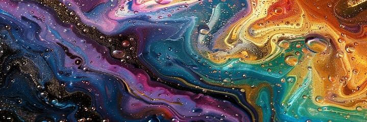 Wall Mural - Abstract swirls of color with bubbles blend shades of yellow, orange, pink, purple, and blue. Colorful liquid art with texture and a dynamic, flowing background. Suitable for wallpapers and posters. 