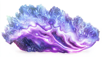 a futuristic digital artwork of a cabbage slice, neon purple and blue tones with iridescent effects, featuring high contrast between the vibrant cabbage and stark white background, minimalistic yet st