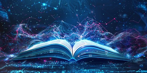 Close up open book with pages filled with glowing blue data background