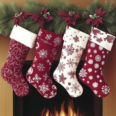 Wall Mural - four red and white christmas stockings with snowflakes on them hanging on a mantle. the snowflakes a