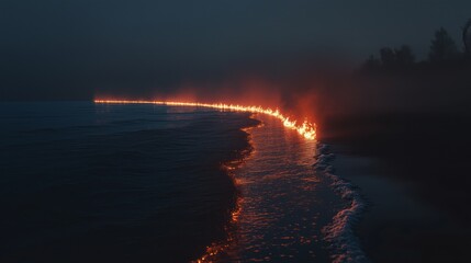 Canvas Print - A line of glowing fire leading across the ocean to the shore, a misty night.