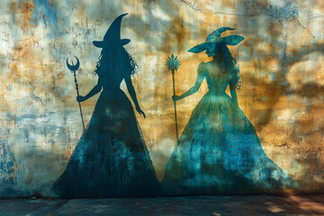 Wall Mural - Illustration of the silhouettes of a good witch and a bad witch holding wands.