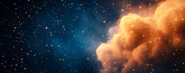 Wall Mural - A cosmic scene featuring a blend of deep blue and orange hues, filled with stars and nebula-like clouds, evoking a sense of wonder about the universe.