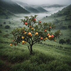 A fruit tree in a misty valley, with dew collecting on its leaves and fruits.

