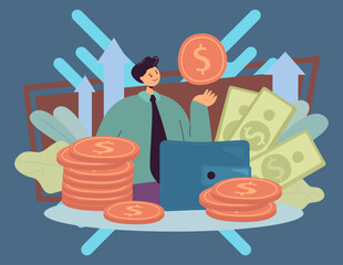 Wall Mural - businessman or banker with huge wallet, cash and gold coins. cartoon entrepreneur, personal business