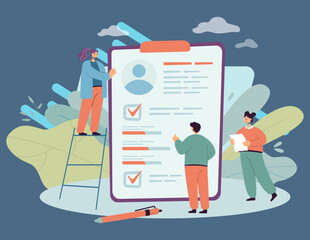 Wall Mural - business cartoon characters filling in application forms. questionnaire for survey research, poll, m