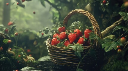 Canvas Print - Freshly picked red strawberries in a rustic basket surrounded by lush green foliage in a tranquil forest setting