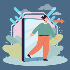 Wall Mural - female user coming out of smartphone screen. young person leaving mobile phone flat vector illustrat