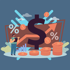 Poster - recession of money value on finance market. price increase, business risk, coins and percentage rate