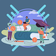 Wall Mural - students without scholarship taking university or college loans. huge books and coins, money or fee 