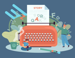Wall Mural - tiny author writing story on huge typewriter. creative character writing chapter of novel, man readi