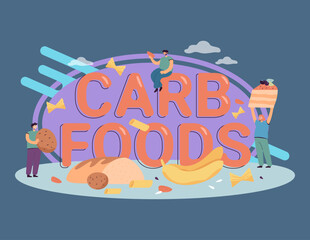 Poster - tiny people with unhealthy diet and carb foods sign. delicious wheat food, snacks or junk flat vecto