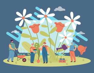 Wall Mural - tiny gardeners planting and watering flowers during springtime. characters growing plants in garden 