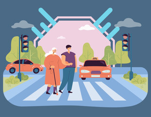 Wall Mural - young man and senior with walking stick crossing street together. city or town with cars on road and