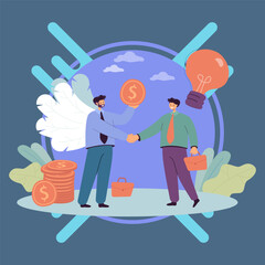 Wall Mural - angel advisor or sponsor funding startup project. investor giving financial support flat vector illu