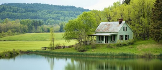 Serene isolated house in lush green landscape by tranquil lake with rolling hills in background during bright sunny day