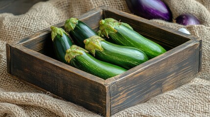 Wall Mural - Fresh green eggplants showcased in rustic wooden tray on a burlap cloth background, highlighting organic farming and natural produce.