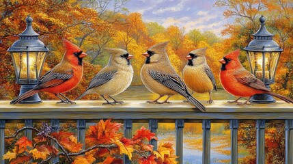 Wall Mural - five cardinals perched on a railing, autumn leaves and lanterns.