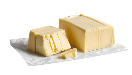 Wall Mural - representation of a healthy slice of butter on paper, with a whole block of butter prominently displayed on a white background.