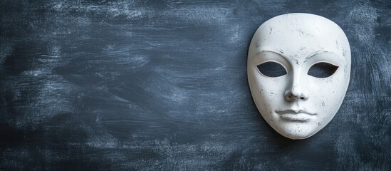 Elegant white mask displayed next to a blank blackboard background for creative and artistic concepts in theater or masquerade themes.