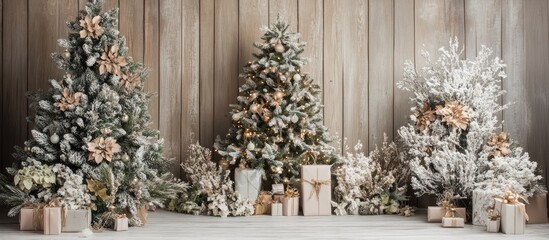 Wall Mural - Elegant Christmas decor with adorned trees and gifts set against a rustic wooden wall creating a festive holiday atmosphere.