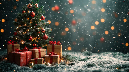 Wall Mural - beautifully decorated christmas tree stands amidst falling snow, surrounded by colorful presents. wa