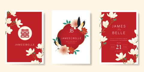 Wall Mural - red chinese wedding card vector set. luxury invitation card design with swallow bird, flower, leaf b