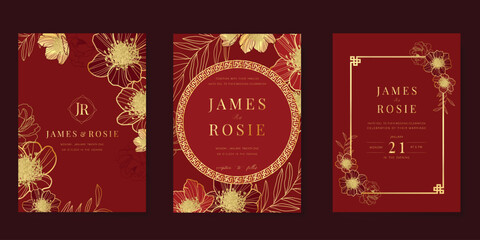 Wall Mural - Red Chinese wedding card vector set. Luxury invitation card design with peony flower, leaf branch, frame. Illustration for vip cover, poster, rsvp modern card, Chinese New Year.