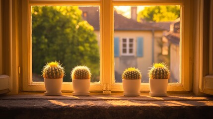 Wall Mural - four cacti in white pots sit on a windowsill, bathed in warm sunlight. a charming village scene is v