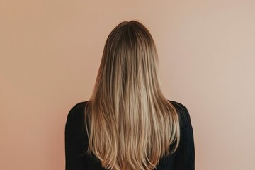 Wall Mural - Hair styling. Woman with straight long hair on pale brown background, back view 