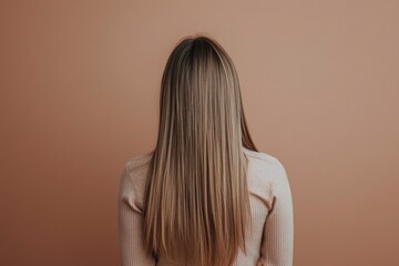 Wall Mural - Hair styling. Woman with straight long hair on pale brown background, back view 