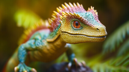 Colorful lizard figurine in a tropical setting