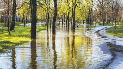 Wall Mural - A serene landscape with flooded trees reflecting sunlight and greenery.