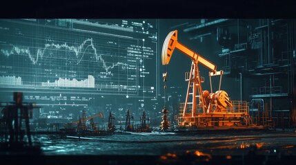 Poster - A futuristic oil rig under a digital display, illustrating the intersection of energy production and technology with vibrant colors.