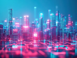 Poster - A futuristic city skyline composed entirely of data blocks, glowing in vibrant holographic hues, surreal style, intricate details, dynamic lighting
