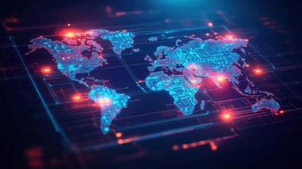 Leinwandbilder - A holographic 3D map of the world with glowing data nodes, surrounded by futuristic technology, scifi style, dynamic perspective, vibrant hues