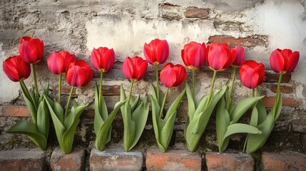 Wall Mural - A row of vibrant red tulips against a textured wall, showcasing natural beauty.