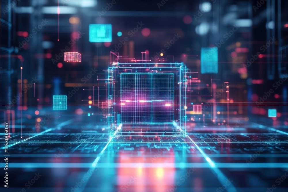 Blockchain ledger displaying ownership of 3D models, glowing ...