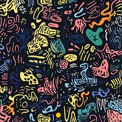 Wall Mural - Abstract colorful doodle pattern on black background.