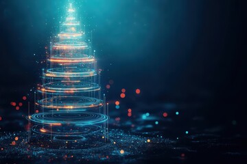 Poster - Futuristic holographic Christmas tree with glowing layered rings, emitting beams of light, surrounded by abstract festive sparkles