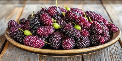 Wall Mural - Fresh ripe mulberries arranged on a plate against a wooden background, showcasing the vibrant colors and textures of fresh ripe mulberries for a visually appealing presentation.